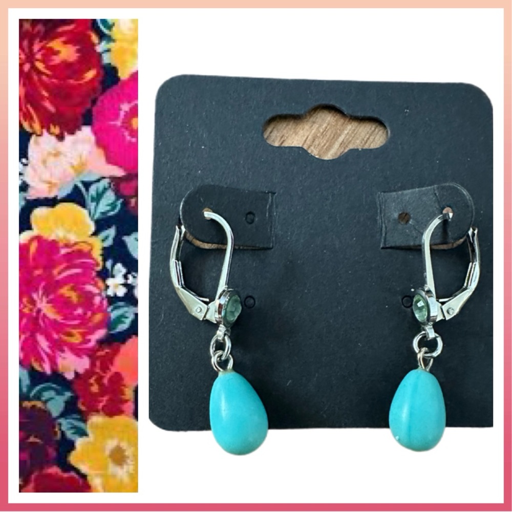 Turquoise Blue w/ Round Stone Above.  Lever Back Earrings. Silver Tone